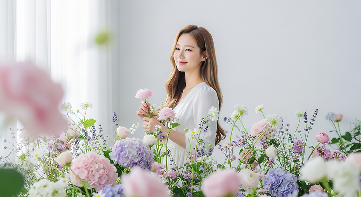 JPG 편집이미지 여자 꽃 꽃다발 자연 실내 미소 우아함 화사함 뷰티풀 플로리스트 의료성형뷰티 편집실사 AI인물포토 AI콘텐츠 식물 직업 컨셉 표정 사람 내부 CG 생태계 파일형식 AI포토