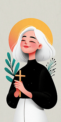 JPG 식물 디자인 여자 행복 감정 기독교 예술 상징 백그라운드 십자가 일러스트 미소 사람 평화 희망 백발 표현 원형 모던 색감 국내일러스트 AI일러스트 AI콘텐츠 도형 헤어스타일 종교 컨셉 표정 파일형식