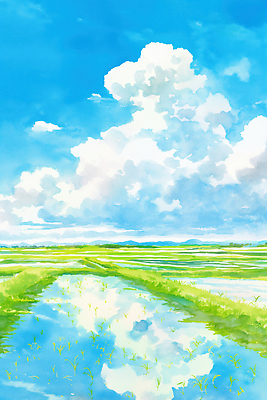 JPG 구름 농업 일러스트 자연 하늘 풍경 초원 초록색 물 여름 농경지 반사 평화 수확 시골 대기 뷰티풀 색감 국내일러스트 AI일러스트 AI콘텐츠 자연요소 계절 산업 컬러 컨셉 농장 생태계 파일형식