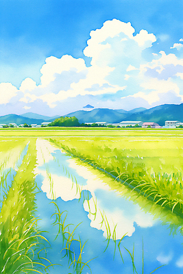 JPG 구름 계절 하늘색 농업 일러스트 자연 하늘 논 이야기 풍경 초원 초록색 물 반사 평화 일출 일몰 수확 논밭 백리향 뷰티풀 국내일러스트 AI일러스트 AI콘텐츠 자연요소 산업 컬러 컨셉 밭 파란색 노을 생태계 파일형식