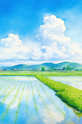 JPG 식물 구름 계절 백그라운드 농업 일러스트 자연 하늘 생명 산 논 풍경 초록색 물 햇빛 일몰 수확 쌀 농촌 땅 논밭 국내일러스트 AI일러스트 AI콘텐츠 자연요소 산업 컬러 밭 곡류 태양 노을 시골 생태계 파일형식