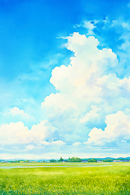 JPG 식물 구름 일러스트 자연 하늘 풍경 초원 여름 평화 일출 고요 일몰 공간 시골 시원함 땅 그림 흰구름 뷰티풀 국내일러스트 AI일러스트 AI콘텐츠 자연요소 계절 컨셉 노을 생태계 파일형식 구름_자연