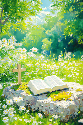 JPG 꽃 십자가 일러스트 자연 생명 휴식 사랑 초록색 여름 햇빛 평화 믿음 성경 고요 돌_바위 기도 숲 조화 영감 경관 국내일러스트 AI일러스트 AI콘텐츠 식물 계절 감정 컬러 컨셉 종교용품 풍경 태양 생태계 파일형식