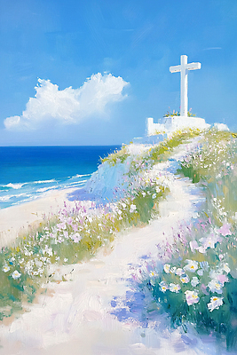 JPG 종교 문화 바다 여행 십자가 일러스트 자연 풍경 해변 여름 햇빛 평화 기도 언덕 조화 꽃길 뷰티풀 국내일러스트 AI일러스트 AI콘텐츠 계절 길 컨셉 태양 생태계 파일형식