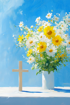 JPG 컬러 꽃다발 십자가 일러스트 자연 실내 미술 일상 장식 노란색 평화 꽃병 흰색 분위기 예배 감성 조화 뷰티풀 국내일러스트 AI일러스트 AI콘텐츠 꽃 컨셉 문화예술 내부 라이프 생태계 파일형식