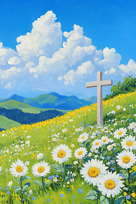 JPG 구름 꽃 기독교 종교 십자가 꽃밭 일러스트 자연 하늘 풍경 초원 여름 파란색 평화 흰색 시골 언덕 녹지 국내일러스트 AI일러스트 AI콘텐츠 자연요소 식물 계절 컬러 컨셉 생태계 파일형식