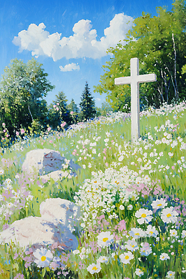 JPG 나무 구름 꽃 십자가 일러스트 자연 하늘 생명 풍경 잔디 초원 햇빛 평화 환경 정원 봄 들꽃 돌_바위 뷰티풀 국내일러스트 AI일러스트 AI콘텐츠 자연요소 식물 계절 컨셉 태양 생태계 파일형식