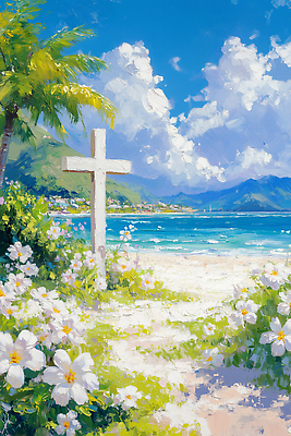 JPG 꽃 바다 여행 십자가 일러스트 자연 하늘 휴식 열대 풍경 해변 초록색 여름 평화 조화 뷰티풀 국내일러스트 AI일러스트 AI콘텐츠 식물 계절 컬러 컨셉 생태계 파일형식