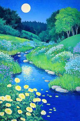 JPG 나무 꽃 물결 일러스트 자연 하늘 풍경 여름 빛 강 반사 보름달 풀 개울 뷰티풀 국내일러스트 AI일러스트 AI콘텐츠 식물 계절 달 생태계 파일형식