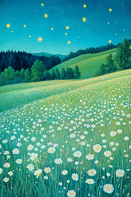 JPG 나무 꽃 컬러 일러스트 자연 하늘 생명 풍경 초원 초록색 여름 빛 평화 조화 별빛 뷰티풀 평원 국내일러스트 AI일러스트 AI콘텐츠 식물 계절 별 컨셉 생태계 파일형식