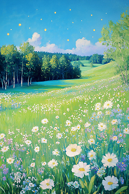 JPG 나무 계절 꽃 일러스트 자연 하늘 풍경 잔디 초원 파란색 빛 노란색 봄 흰색 숲 뷰티풀 오후 국내일러스트 AI일러스트 AI콘텐츠 식물 컬러 생태계 파일형식