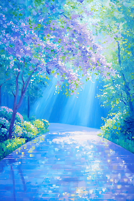 JPG 나무 꽃 길 일러스트 자연 하늘 풍경 여름 햇빛 반사 평화 정원 산책 광선 청록색 감성 조화 뷰티풀 국내일러스트 AI일러스트 AI콘텐츠 식물 계절 컬러 컨셉 휴식 태양 생태계 파일형식