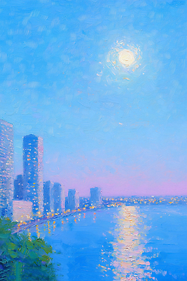 JPG 컬러 야경 일러스트 자연 사람 풍경 빌딩 빛 반사 고요 도시 시간 수면 강가 달빛 뷰티풀 여름밤 국내일러스트 AI일러스트 AI콘텐츠 건물 물 여름 강 달 야간 생태계 파일형식 풍경_경치