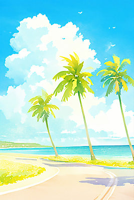 JPG 구름 도로 바다 여행 일러스트 자연 하늘 바람 휴식 풍경 해변 여름 파란색 햇빛 시원함 코코넛나무 풍경화 국내일러스트 AI일러스트 AI콘텐츠 자연요소 나무 계절 길 컬러 컨셉 교통시설 날씨 태양 그림 생태계 파일형식