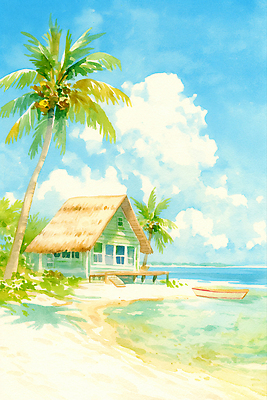 JPG 구름 여유 파도 바다 섬 일러스트 자연 하늘 휴식 풍경 해변 여름 모래사장 야자수 햇빛 항구 수영 보트 오두막 트로피컬아트 국내일러스트 AI일러스트 AI콘텐츠 자연요소 나무 계절 감정 컨셉 배_교통 교통시설 태양 수상스포츠 그림 생태계 파일형식