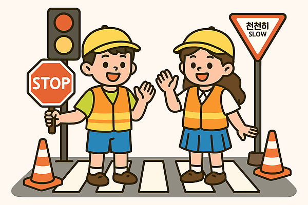 학생 도로 길 교통 일러스트 학교 수업 협력 안내 초등학교 안전 사람 친구 걷기 조끼 기다림 보행자 신호등 교차로 감시 국내일러스트 AI파일 교육 관계 교통시설 모션 외투 파일형식 벡터