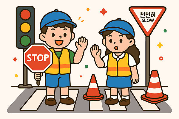 교육 도로 어린이 교통 일러스트 안내 경고 안전 조끼 보행자 횡단보도 정지 보호 신호등 교통사고 신호 통행 시민 국내일러스트 AI파일 길 컨셉 교통시설 모션 사람 외투 보행로 사건 국민 파일형식 벡터