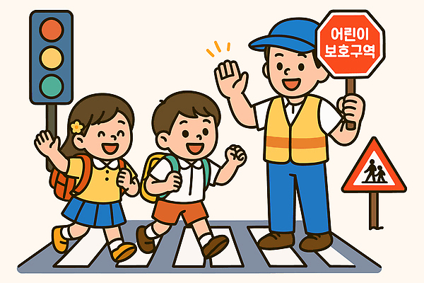 어린이 하늘색 가방 일러스트 학교 안전 소녀 소년 학습 도시 보행자 교차로 안전교육 교통신호 길건너기 밝은색 보호구역 손흔들기 어린이안전 오후 국내일러스트 AI파일 잡화 여자 교육 남자 길 교통 모션 사람 파란색 건너기 구역 파일형식 벡터