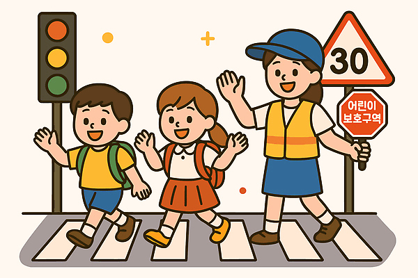 교육 행복 어린이 일러스트 모션 안전 성인 유치원 보행자 보호 신호등 교차로 즐거움 안전교육 교통신호 소통 길건너기 선도 어린이보호 국내일러스트 AI파일 감정 길 교통 컨셉 사람 건너기 파일형식 벡터
