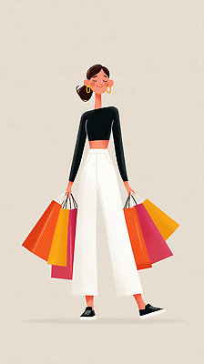 JPG 손 디자인 옷 여자 패션 감정 컬러 일러스트 장신구 웃음 쇼핑 쇼핑백 유행 공간 즐거움 모던 아이템 스타일 국내일러스트 AI일러스트 AI콘텐츠 가방 표정 사람 신체부위 파일형식