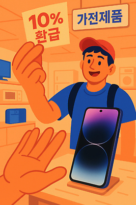 JPG 남자 일러스트 기술 미소 전자제품 스마트폰 쇼핑 세일 상점 장비 거래 가전제품 구매 상품 고객 직원 쿠폰 상업 제시 상업시설 국내일러스트 AI일러스트 AI콘텐츠 표정 사람 핸드폰 스마트기기 시설 파일형식