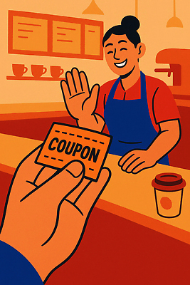 JPG 무료이미지 커피 음료 지폐 채소 일러스트 친절 따뜻함 웃음 일상 세일 카페 거래 만남 분위기 고객 직원 서비스 쿠폰 교감 상호작용 국내일러스트 AI일러스트 AI콘텐츠 컨셉 돈 표정 라이프 상점 파일형식