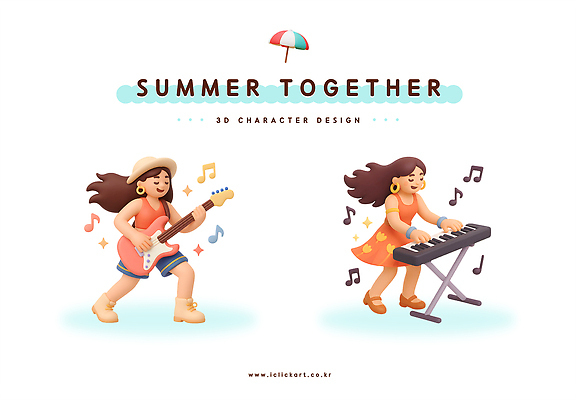 PSD 편집이미지 캐릭터 디자인 행복 음악 컬러 연주 미소 소녀 여름 3D 축제 기타 키보드 파라솔 즐거움 편집3D 계절 여자 감정 어린이 현악기 문화예술 표정 디지털합성 파일형식