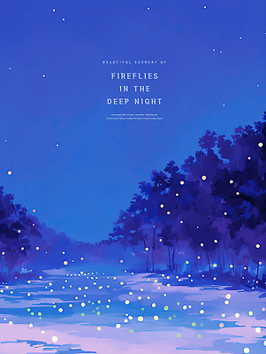 PSD 나무 별 야경 일러스트 자연 하늘 산 풍경 여름 빛 강 고요 숲 생태계 모기 반딧불이 뷰티풀 경관 국내일러스트 자연요소 식물 계절 곤충 해충 야간 파일형식 풍경_경치