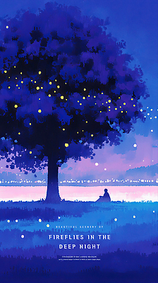 PSD 나무 남자 여행 일러스트 자연 휴식 조명 풍경 초원 여름 빛 정원 고요 감상 신비 힐링 마법 반딧불이 뷰티풀 국내일러스트 식물 계절 곤충 컨셉 사람 생태계 파일형식