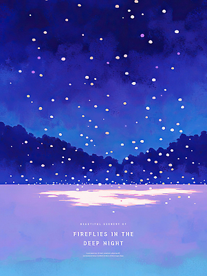 PSD 별 호수 야경 일러스트 자연 밤하늘 생명 조명 풍경 여름 빛 평화 고요 꿈 수면 숲 반딧불이 환상 국내일러스트 자연요소 계절 곤충 컨셉 하늘 물 야간 생태계 파일형식 풍경_경치