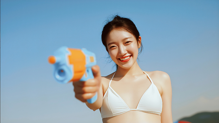 JPG 편집이미지 수영복 모션 웃음 안전 취미 해변 여름 청춘 비키니 햇빛 자유 즐거움 물총 의료성형뷰티 편집실사 AI인물포토 AI콘텐츠 옷 계절 감정 바다 컨셉 표정 태양 CG 파일형식 AI포토