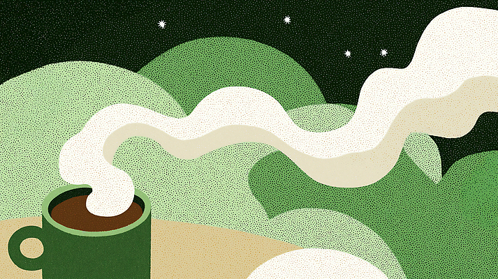 JPG 디자인 커피 음료 음식 컬러 백그라운드 일러스트 휴식 따뜻함 컵 초록색 카페 분위기 수증기 편안함 그림 심플 감성 쉬는시간 차분 국내일러스트 AI일러스트 AI콘텐츠 식기 컨셉 상점 감각 파일형식