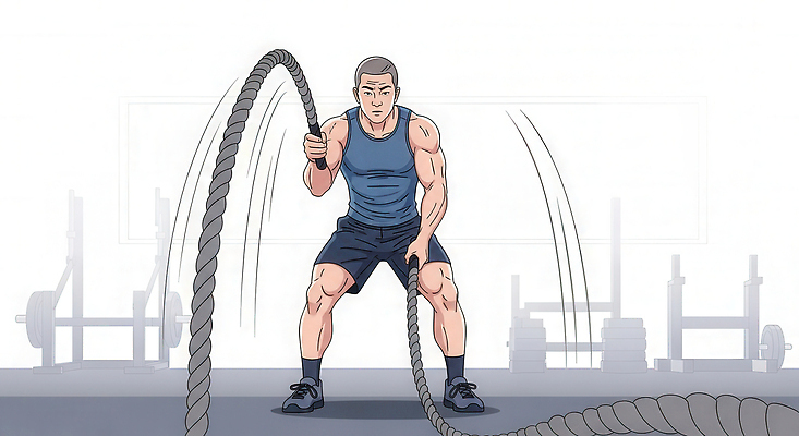 JPG 남자 밧줄 스포츠 포즈 일러스트 실내 건강 운동 운동기구 헬스 힘 웨이트트레이닝 집중 연습 체육관 팔 근력 유산소운동 가교 크로스핏 국내일러스트 AI일러스트 AI콘텐츠 건축물 줄 컨셉 사람 내부 신체부위 파일형식