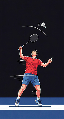 JPG 남자 스포츠 일러스트 모션 운동선수 서브 한손 경기 운동 코트 스윙 집중 연습 준비 샷 배드민턴 빨간티셔츠 대회 국내일러스트 AI일러스트 AI콘텐츠 손 포즈 컨셉 자세 건강 사람 구기 외투 파일형식