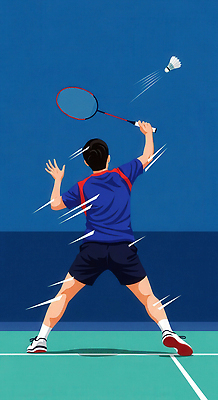 JPG 남자 스포츠 포즈 일러스트 운동선수 서브 경기 운동복 운동 사각형 경쟁 집중 연습 준비 파란배경 배드민턴 뒷면 순간 액션 국내일러스트 AI일러스트 AI콘텐츠 도형 옷 백그라운드 컨셉 건강 사람 파란색 구기 파일형식