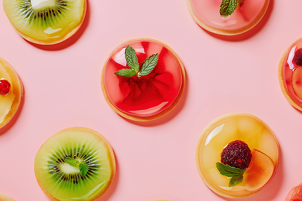 JPG 편집이미지 음식 분홍색 백그라운드 과일 디저트 장식 신선 맛 민트 젤리 조화 과일젤리 색감 편집실사 AI포토 AI콘텐츠 컬러 컨셉 허브 CG 파일형식