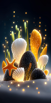 JPG 편집이미지 바다 컬러 자연 조개 조명 빛 3D 해저 수중동물 해초 생태계 뷰티풀 편집3D AI컴퓨터그래픽 AI콘텐츠 동물 어패류 바닷속 해조류 디지털합성 파일형식