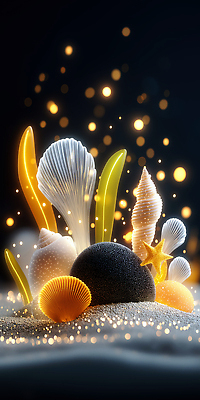 JPG 편집이미지 바다 컬러 자연 조개 조명 생물 장식 3D 해초 신비 오브젝트 그림 깊이 뷰티풀 환상 편집3D AI컴퓨터그래픽 AI콘텐츠 컨셉 어패류 해조류 디지털합성 생태계 파일형식