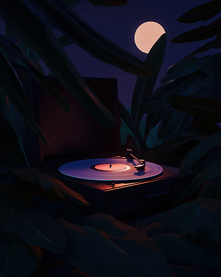 JPG 식물 편집이미지 여유 음악 자연 초록색 빛 소리 고요 분위기 열대우림 달빛 아날로그 감성 턴테이블 편집3D AI컴퓨터그래픽 AI콘텐츠 감정 컬러 컨셉 문화예술 3D 달 숲 생태계 파일형식