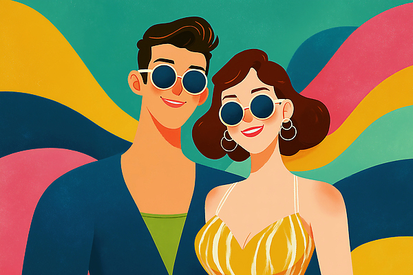 JPG 커플 패션 컬러 백그라운드 일러스트 사랑 미소 웃음 여름 친구 청춘 소풍 만남 즐거움 모던 조화 소통 뷰티풀 스타일 국내일러스트 AI일러스트 AI콘텐츠 계절 감정 컨셉 관계 표정 야외활동 파일형식