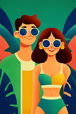 JPG 커플 패션 컬러 일러스트 관계 자연 휴가 미소 취미 해변 여름 청춘 선글라스 파티 촬영 자유 분위기 열대식물 즐거움 국내일러스트 AI일러스트 AI콘텐츠 식물 계절 감정 안경 바다 컨셉 표정 이벤트 생태계 파일형식