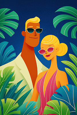 JPG 여자 패션 남자 컬러 포즈 일러스트 자연 휴가 열대 함께함 웃음 여름 친구 선글라스 태양 더위 시원함 열대식물 즐거움 뷰티풀 스타일 국내일러스트 AI일러스트 AI콘텐츠 자연요소 식물 계절 감정 안경 컨셉 관계 날씨 표정 사람 생태계 파일형식