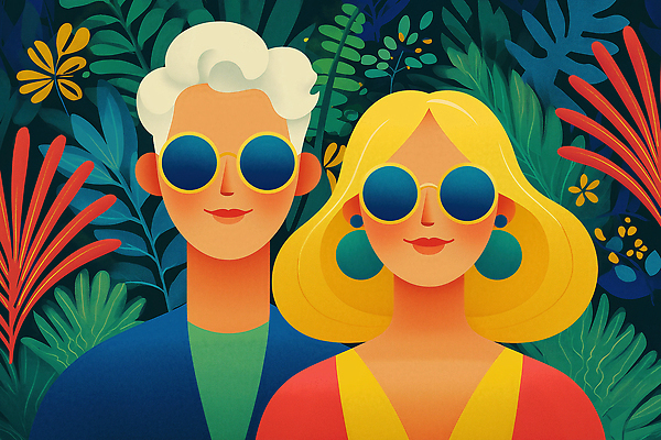 JPG 식물 패션 행복 여유 백그라운드 일러스트 자연 밝음 야외 두명 일상 선글라스 환경 신선 즐거움 소통 색감 국내일러스트 AI일러스트 AI콘텐츠 감정 안경 컨셉 사람 라이프 생태계 파일형식