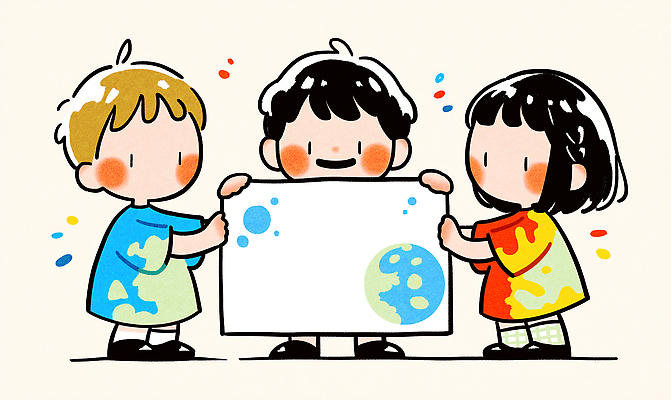 JPG 교육 종이 지구 어린이 컬러 티셔츠 일러스트 모션 놀이 협력 대화 웃음 친구 표현 즐거움 그림 상상력 창의성 창작 국내일러스트 AI일러스트 AI콘텐츠 감정 셔츠 관계 표정 말하기 사람 파일형식