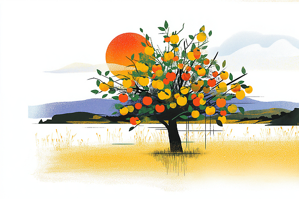 JPG 나무 여유 컬러 과일 일러스트 자연 풍경 초원 여름 햇빛 태양 평화 일몰 저녁 묘사 감나무 송이 뷰티풀 자태 국내일러스트 AI일러스트 AI콘텐츠 자연요소 식물 계절 감정 컨셉 감 노을 야간 생태계 파일형식