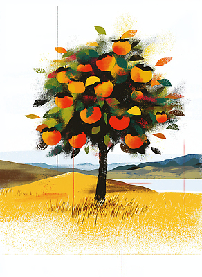 JPG 나무 호수 백그라운드 과일 일러스트 자연 귤 산 풍경 초원 생활 초록색 여름 농장 노란색 수확 신선 감나무 밝은색 풍요 국내일러스트 AI일러스트 AI콘텐츠 식물 계절 컬러 컨셉 농업 감 생태계 파일형식