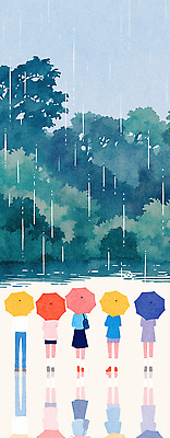 JPG 나무 행복 컬러 일러스트 우산 자연 날씨 수영장 사랑 풍경 소녀 취미 여름 친구 시간 비 소중 즐거움 우비 일과 국내일러스트 AI일러스트 AI콘텐츠 자연요소 식물 옷 계절 여자 감정 어린이 컨셉 관계 생태계 파일형식