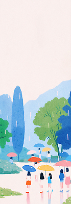 JPG 나무 여유 컬러 일러스트 우산 자연 하늘 산 대화 사람 풍경 야외 초록색 소풍 걷기 물방울 비 상쾌 다시 오후 국내일러스트 AI일러스트 AI콘텐츠 자연요소 식물 감정 모션 날씨 말하기 야외활동 생태계 파일형식