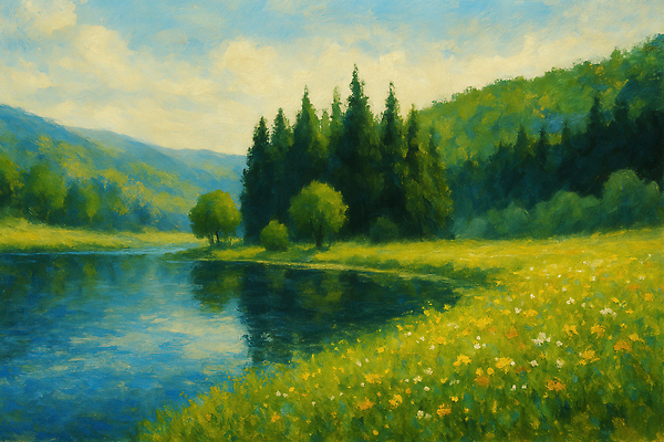 JPG 나무 편집이미지 꽃 자연 휴식 풍경 초록색 물 여름 강 햇빛 평화 걷기 언덕 편집실사 AI일러스트 AI콘텐츠 자연요소 식물 계절 컬러 컨셉 모션 태양 CG 생태계 파일형식