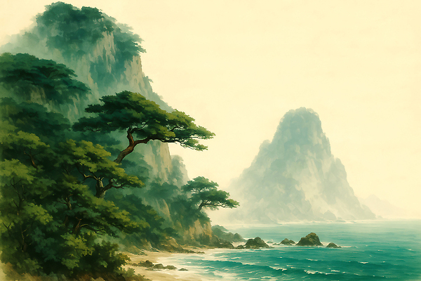 JPG 나무 여유 바다 여행 일러스트 자연 생명 아침 산 풍경 해변 여름 모래사장 소풍 평화 조용 조화 다도해 뷰티풀 국내일러스트 AI일러스트 AI콘텐츠 주간 식물 계절 감정 컨셉 야외활동 생태계 파일형식